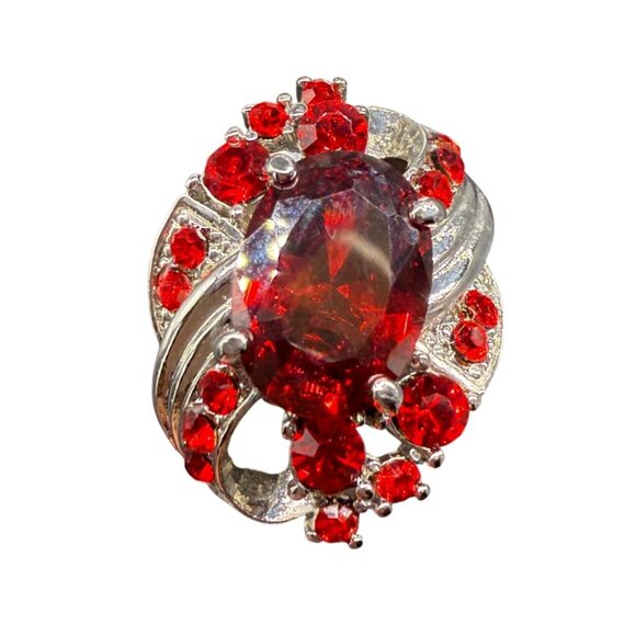 Garnet & Faux Ruby Silver-Plated Cocktail Ring Size 8 Adjustable - Picture 1 of 5